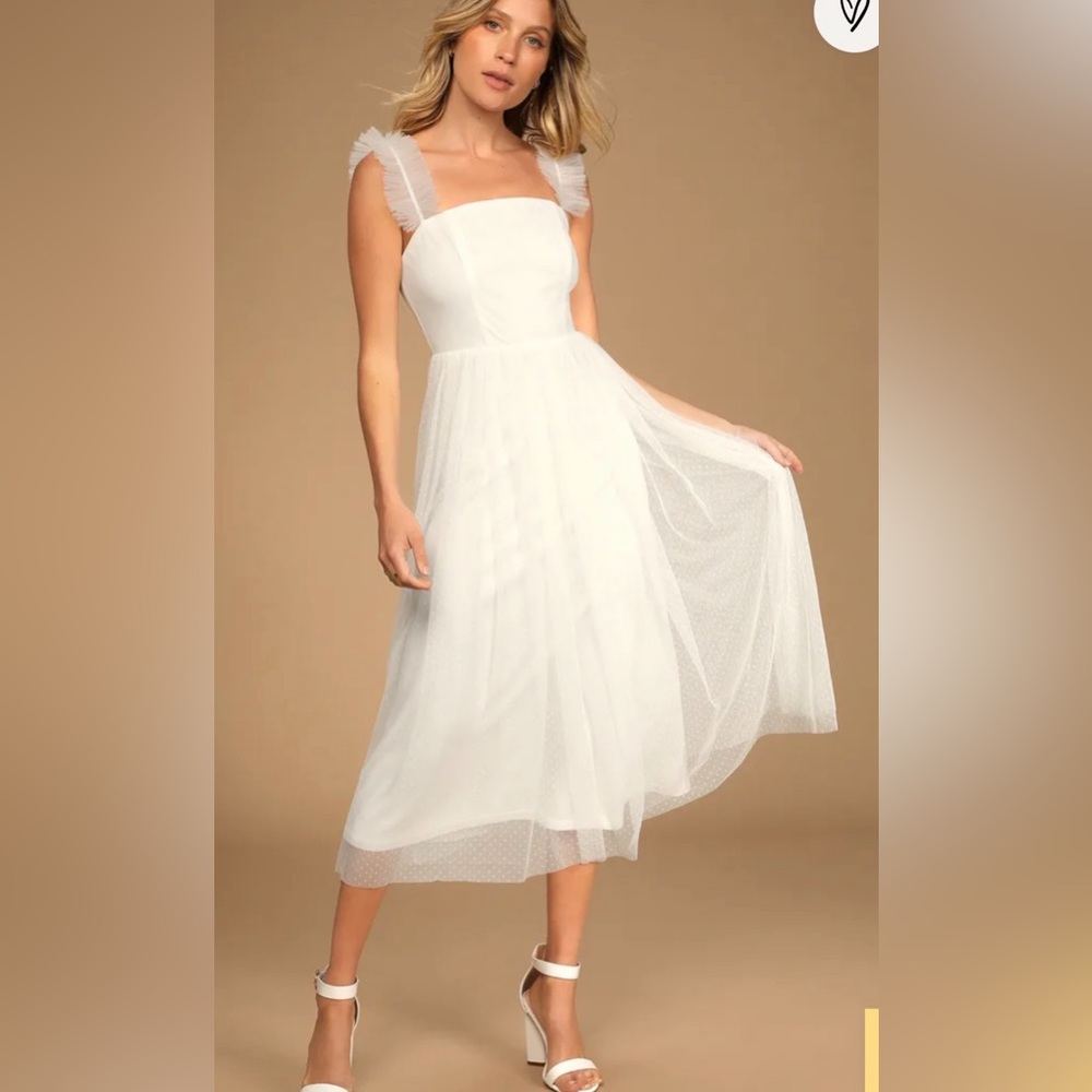 Lulus white Swiss dot ruffle midi dress
